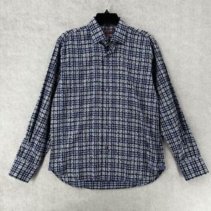 Luchiano Visconti Black Mens Shirt MEDIUM Blue Plaid Geometric Button‎ Up